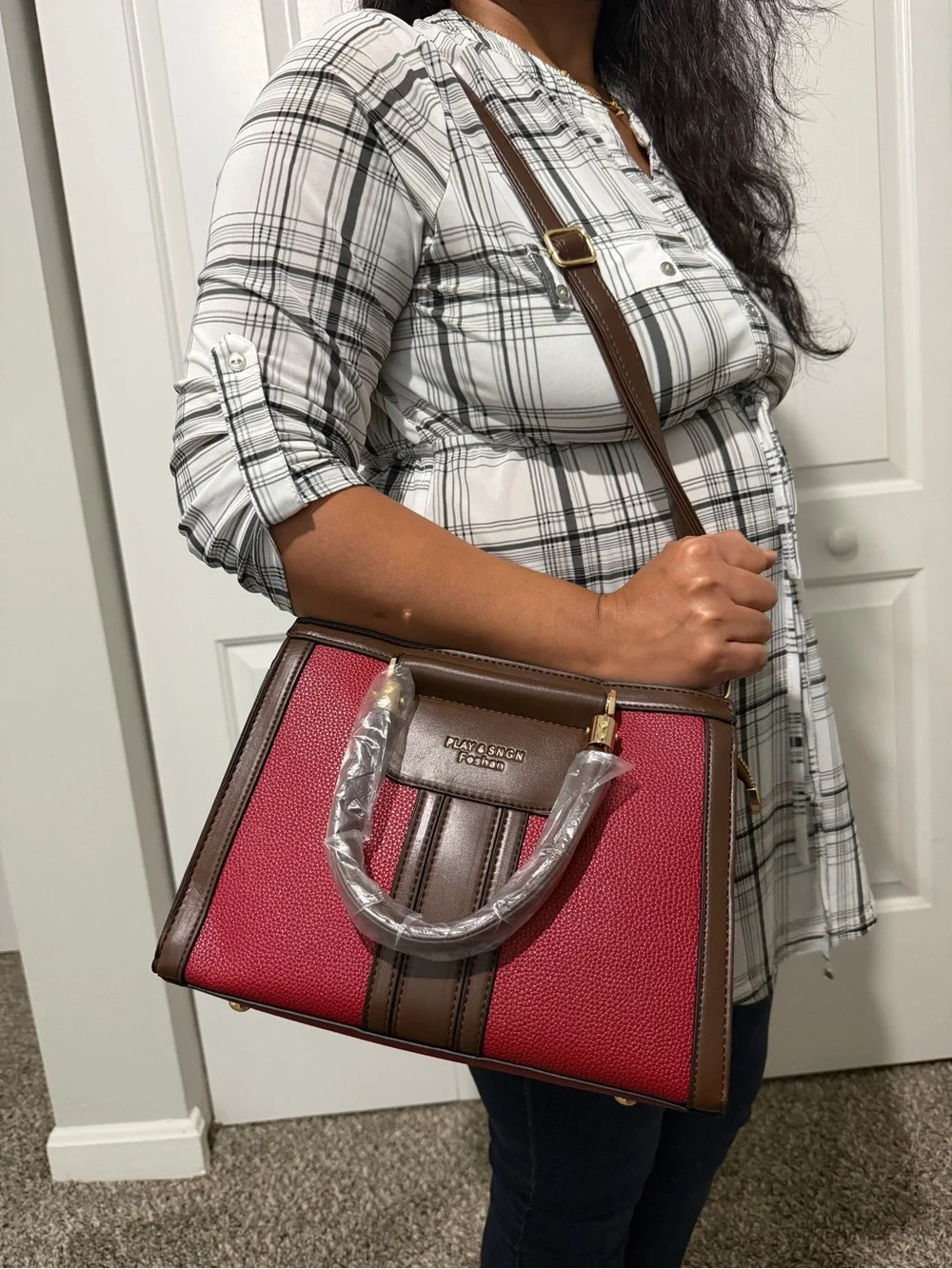 Two-Tone Red and Brown Women’s Satchel Bag Set
